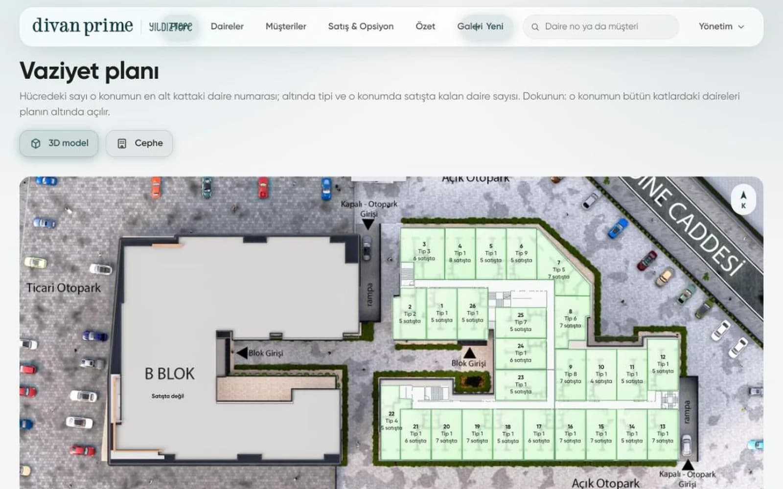 Divan Prime satış ofisi yazılımında vaziyet planı ve blok seçimi