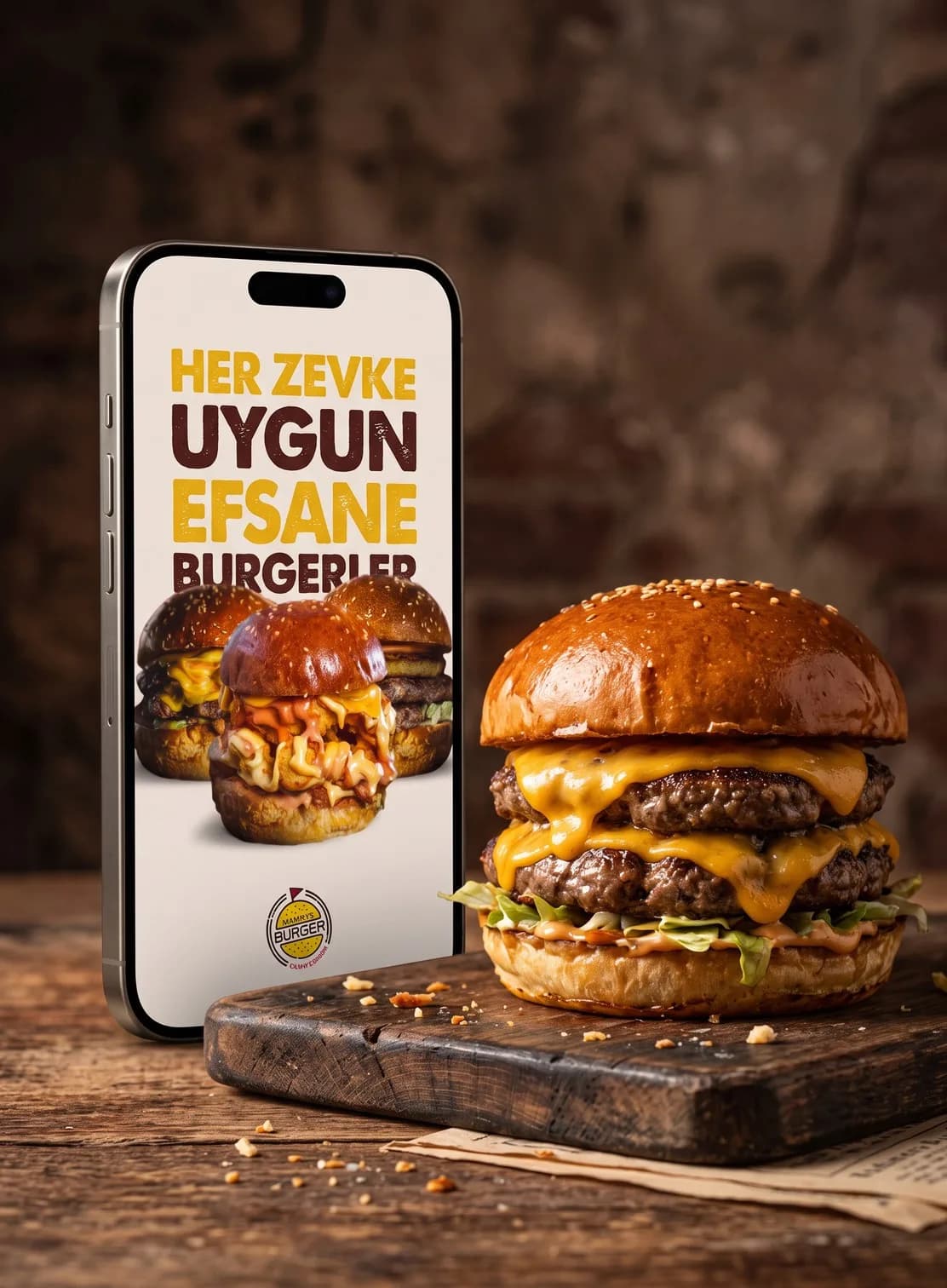 Mamas Burger sosyal medya yönetimi, burger ve patates yanında telefon