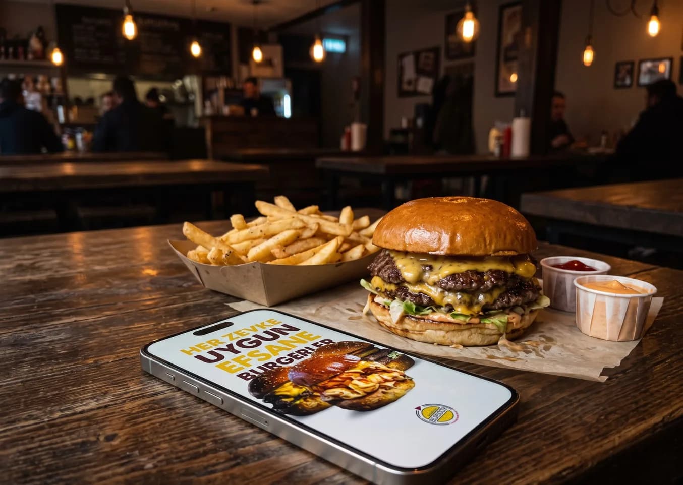 Mamas Burger sosyal medya yönetimi, burger ve patates yanında telefon