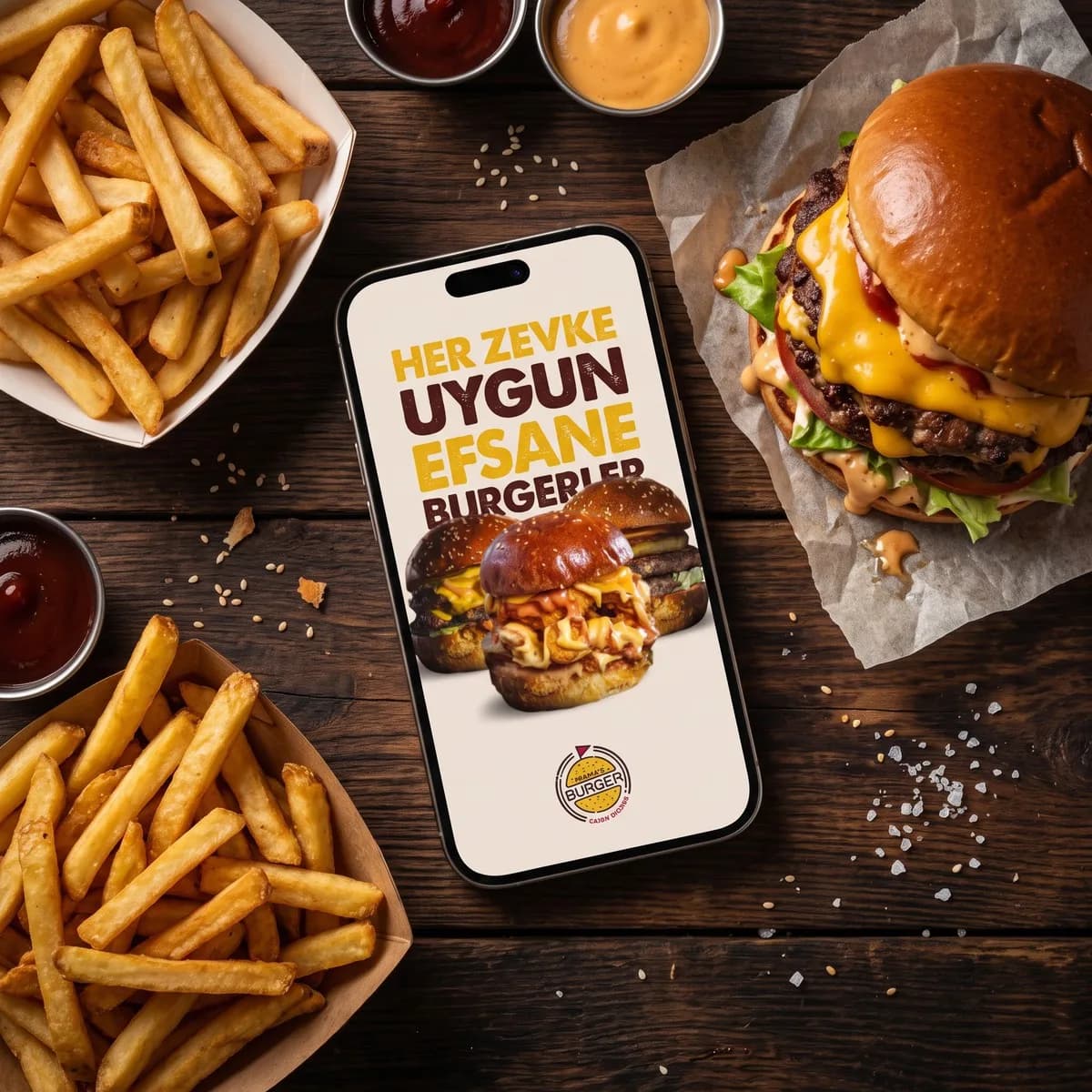 Mamas Burger sosyal medya yönetimi, burger ve patates yanında telefon