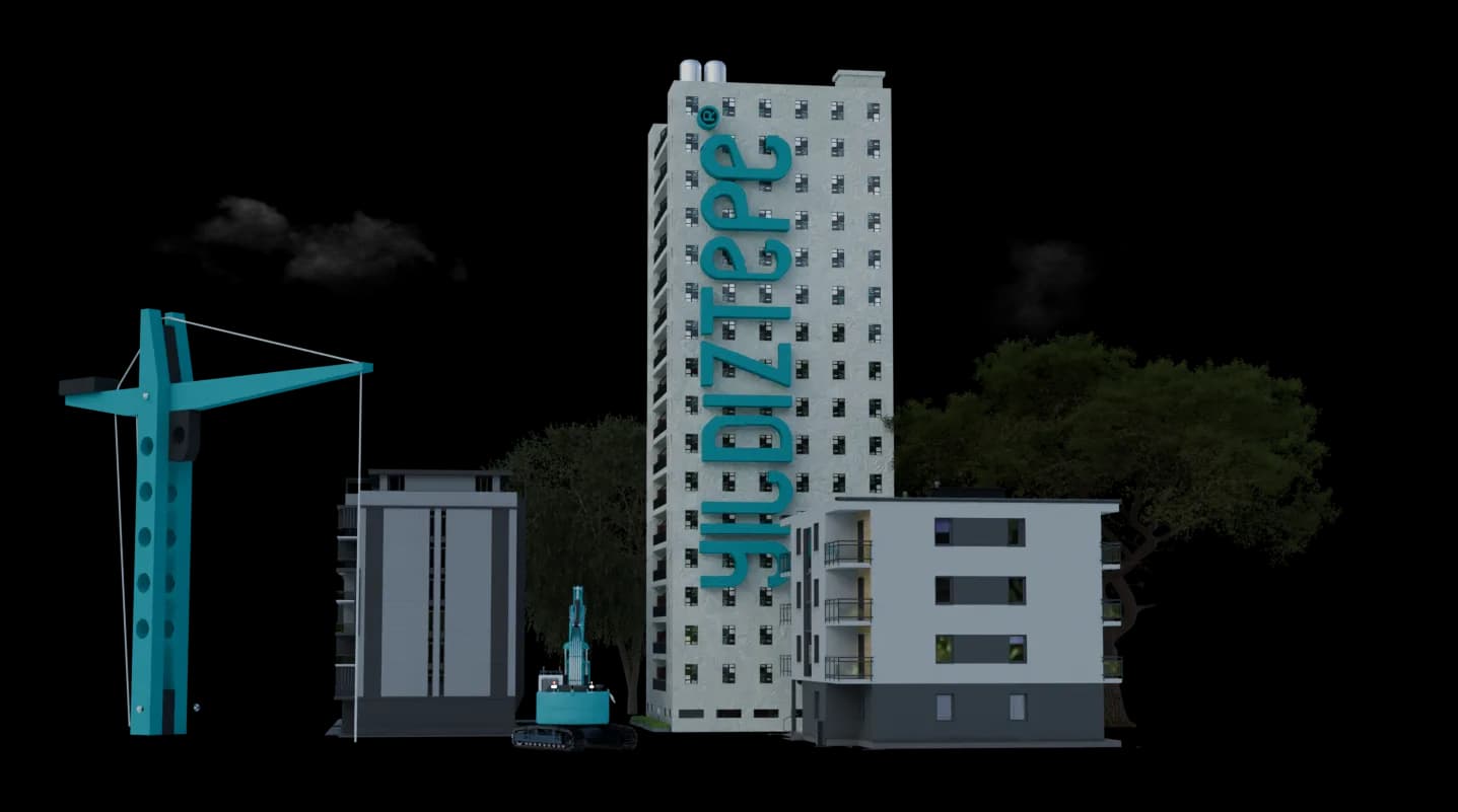 Yıldıztepe İnşaat 3D şantiye animasyonunun son karesi: vinç, bloklar ve logolu kule, şeffaf arka plan