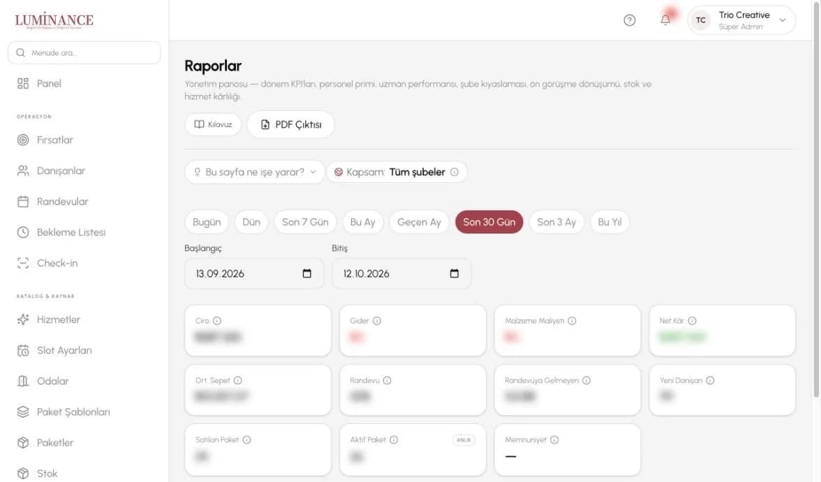 Luminance Premium CRM ve Randevu Yazılımı – çalışmadan genel görünüm